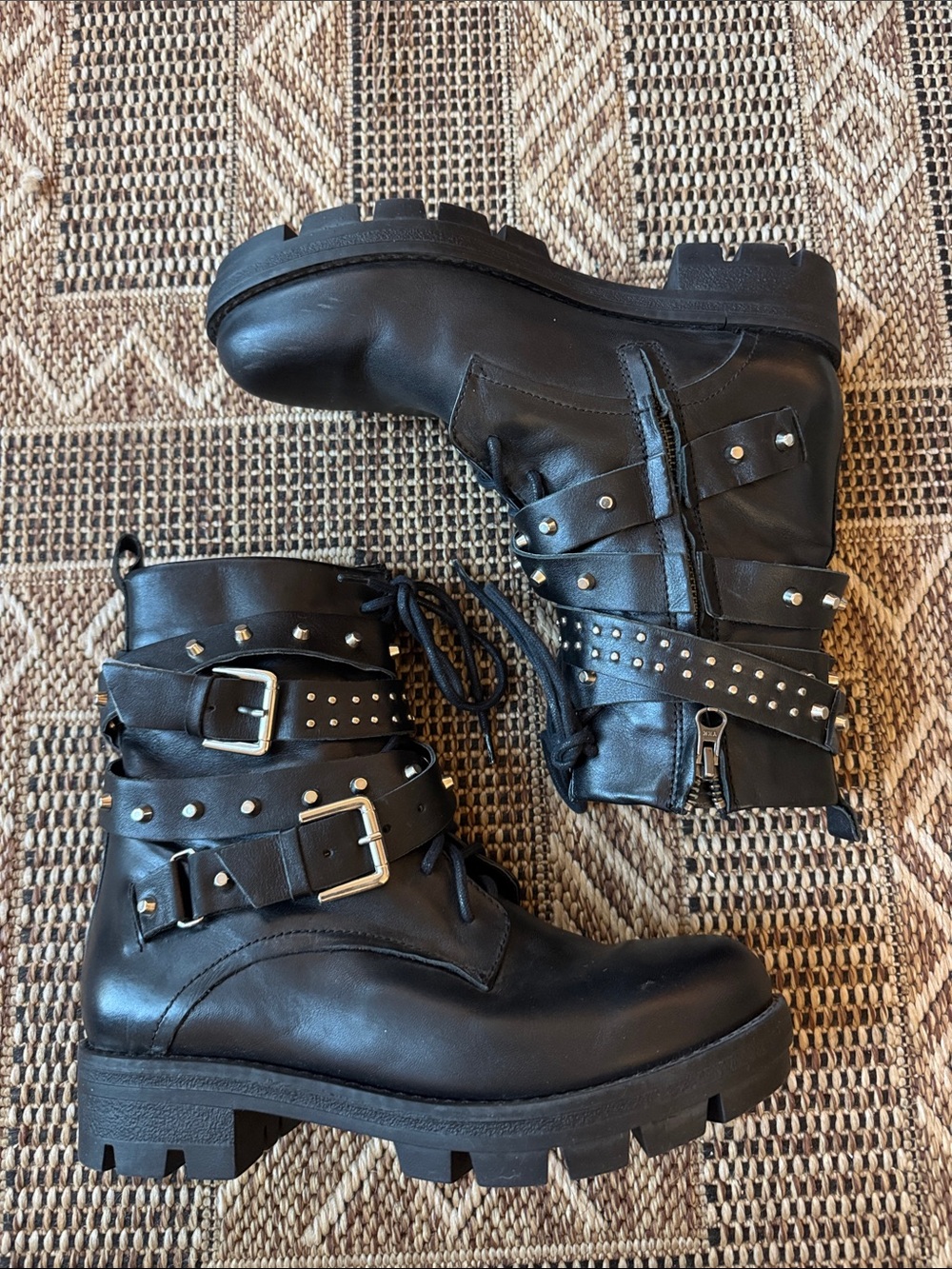 EFETTI Studded Buckle Moto Chunky Combat Boots Black Size 40 (US 9)